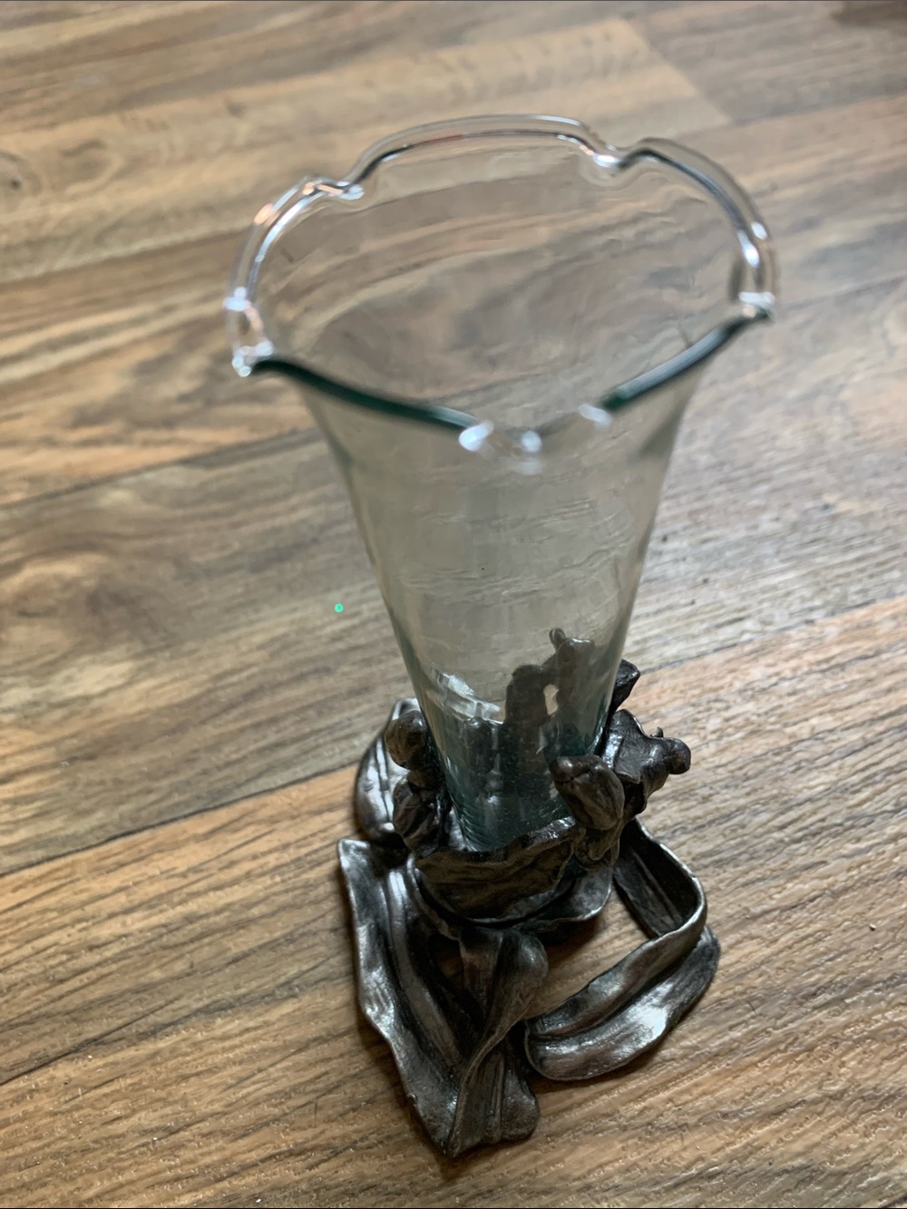 Russ Berrie Clear Glass Vase with Dark Pewter Floral Metal Base